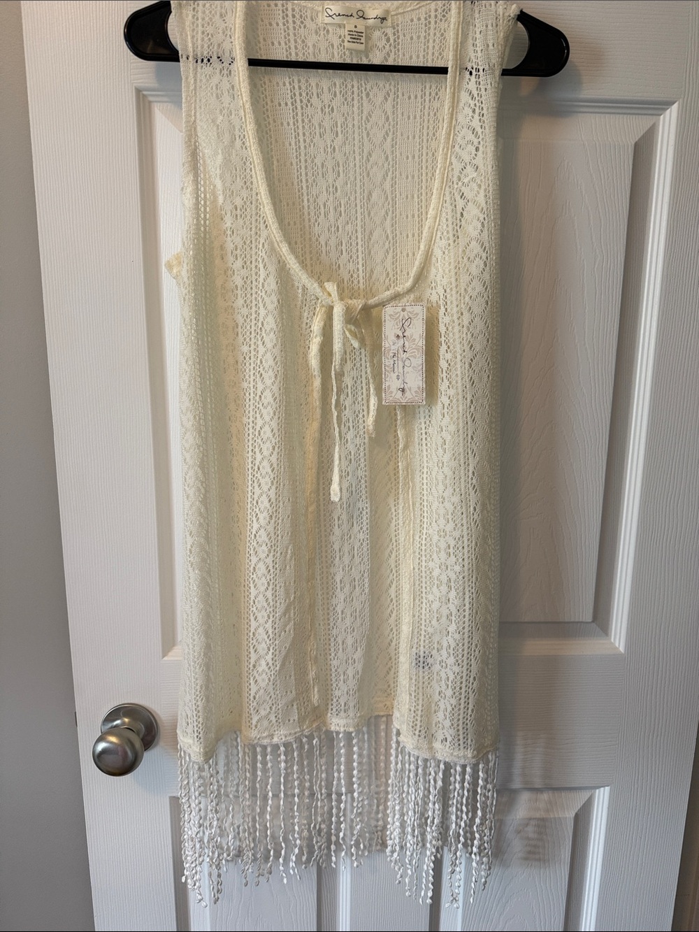 Cream Lace Fringe Tie-Front Robe Cover-Up